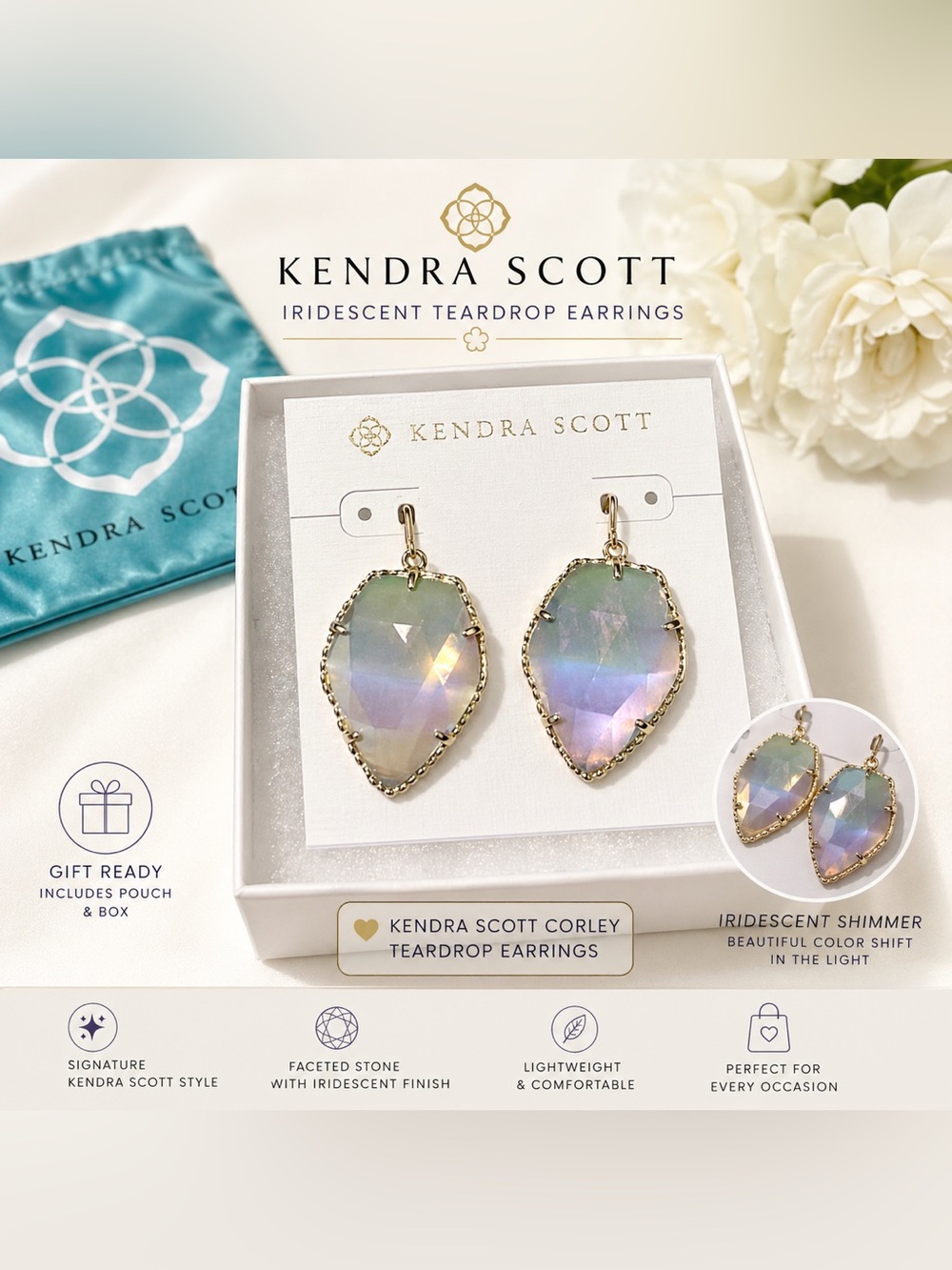 Kendra Scott Corley Iridescent Teardrop Earrings Gold Tone Statement